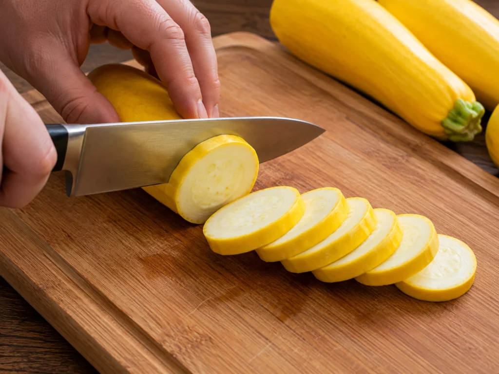Fresh yellow squash being sliced into even rounds for a homemade squash casserole.