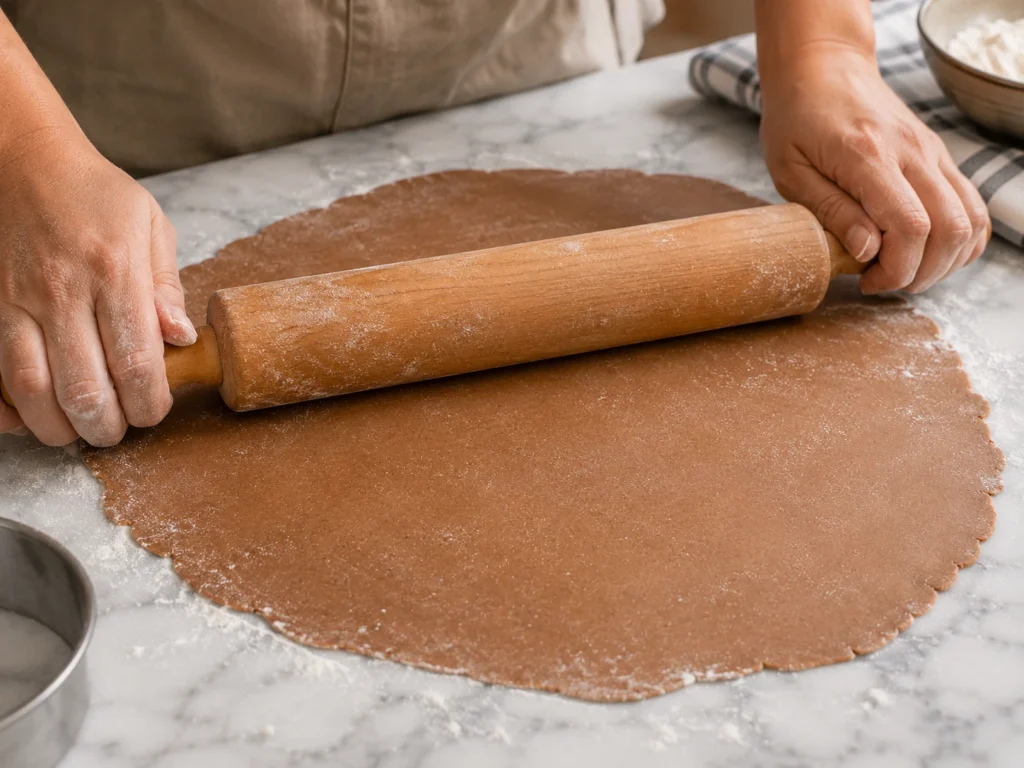 Thin cannoli dough being rolled out before cutting and wrapping around metal cannoli tubes.