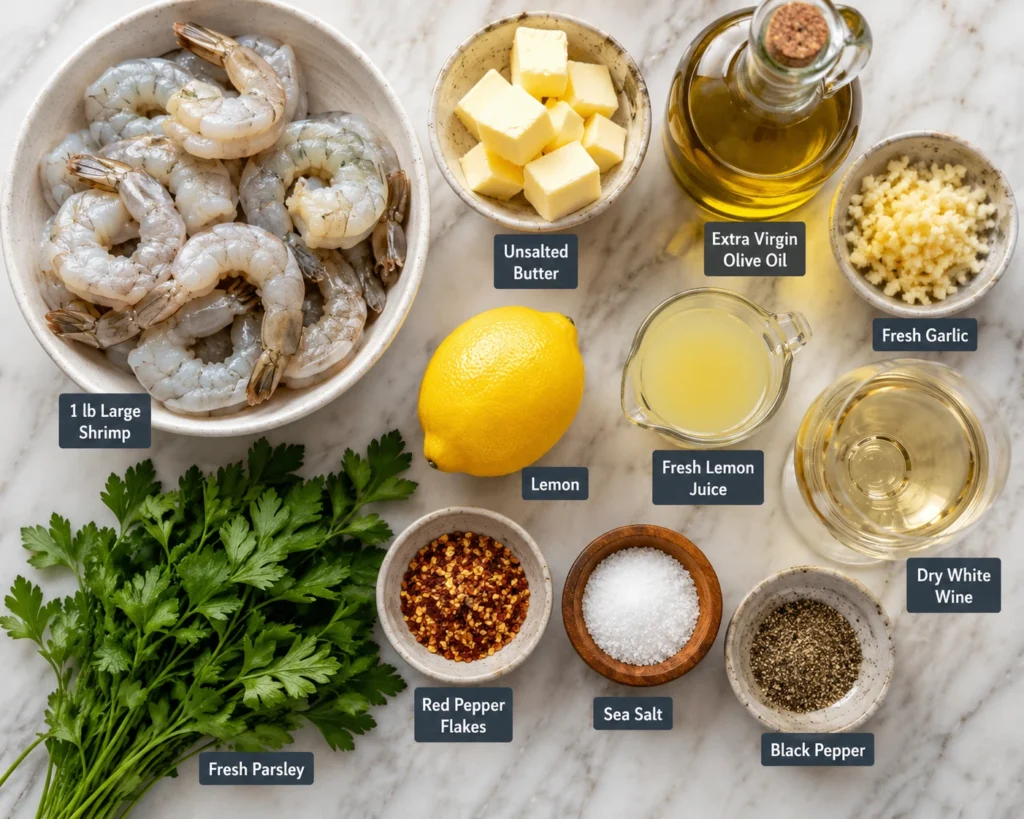 Ingredients for making shrimp scampi including large raw shrimp, garlic, butter, lemon, white wine, and parsley.
