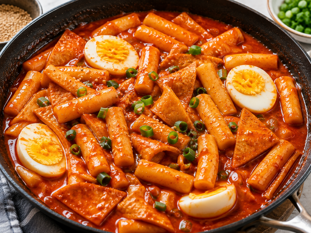 Korean rice cakes and fish cakes simmering together in a rich red tteokbokki sauce.