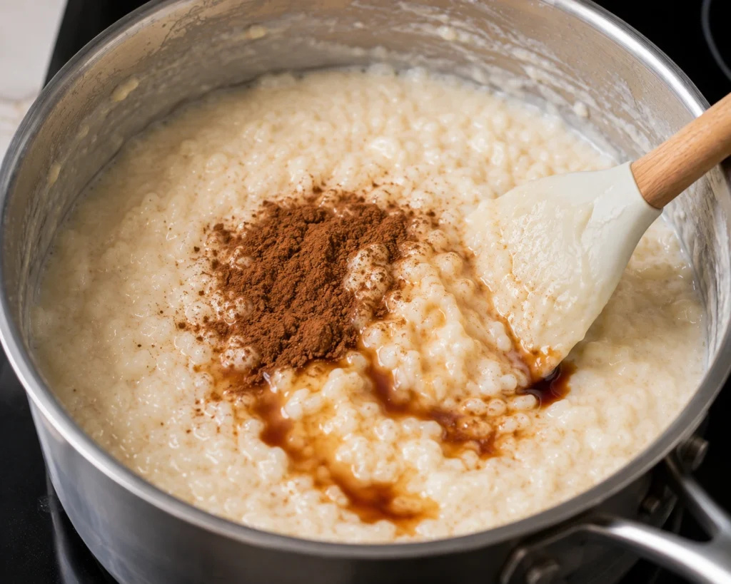 Ground cinnamon sprinkled over warm homemade rice pudding.