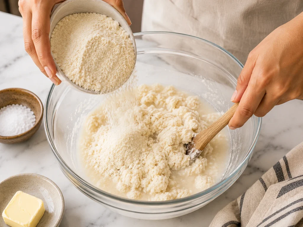 Precooked cornmeal and warm salted water being mixed to make soft arepa dough.