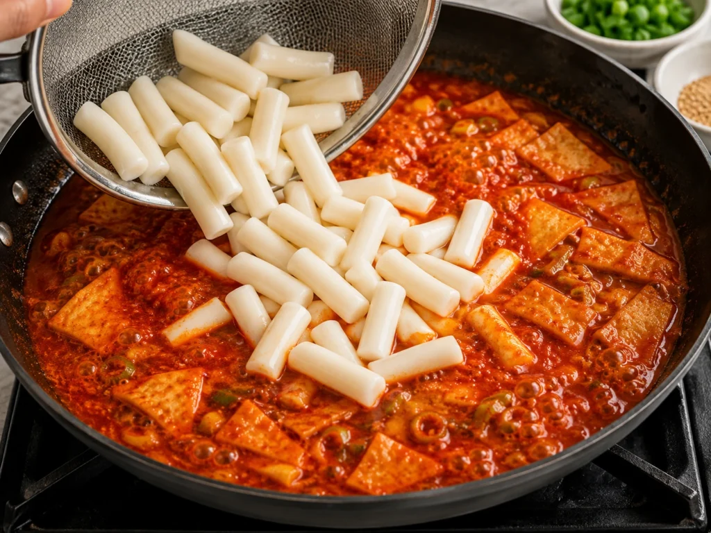 Adding white Korean cylindrical rice cakes into a pan of simmering red gochujang broth.