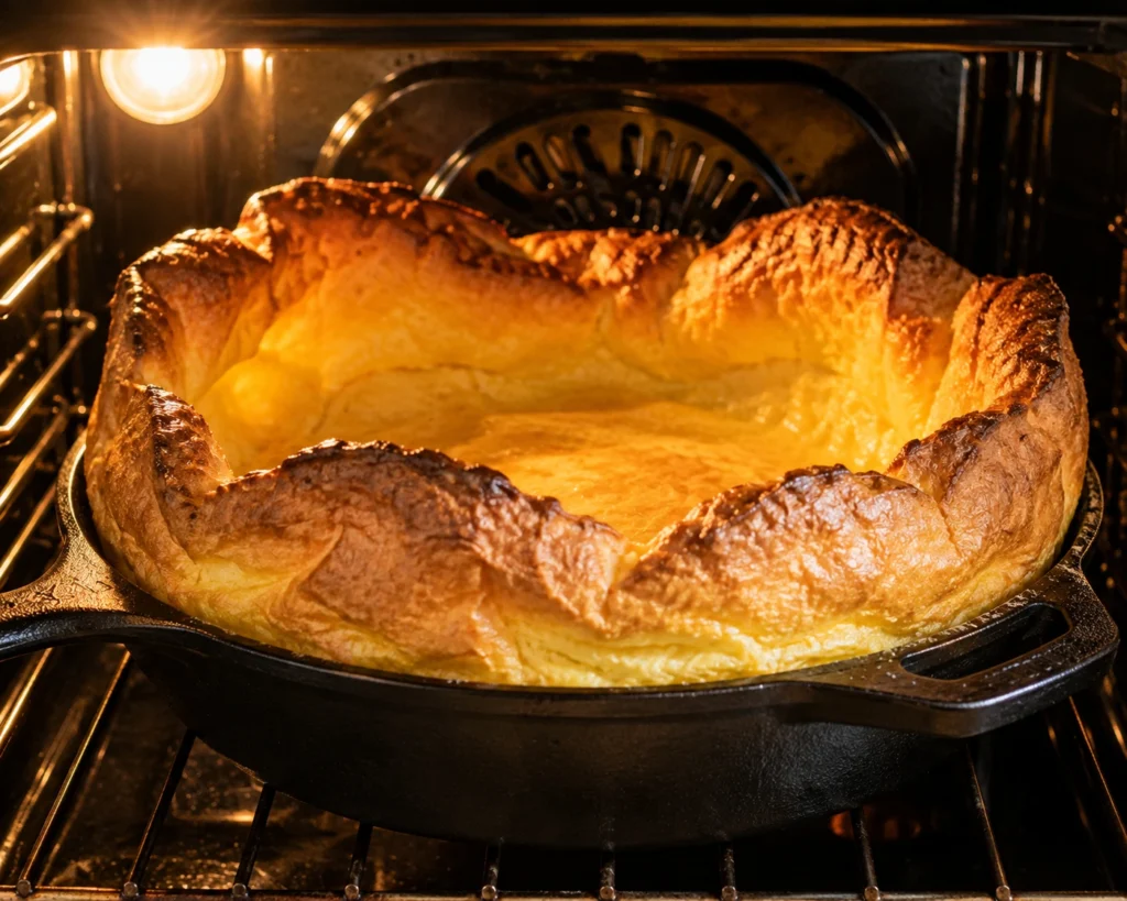 Dutch baby pancake baking in a cast iron skillet inside the oven, with dramatically puffed golden-brown edges and a light, fluffy center.
