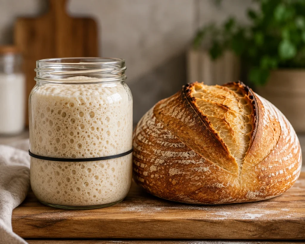 Active homemade sourdough starter in a glass jar beside a freshly baked artisan sourdough bread loaf with a golden scored crust on a wooden cutting board.