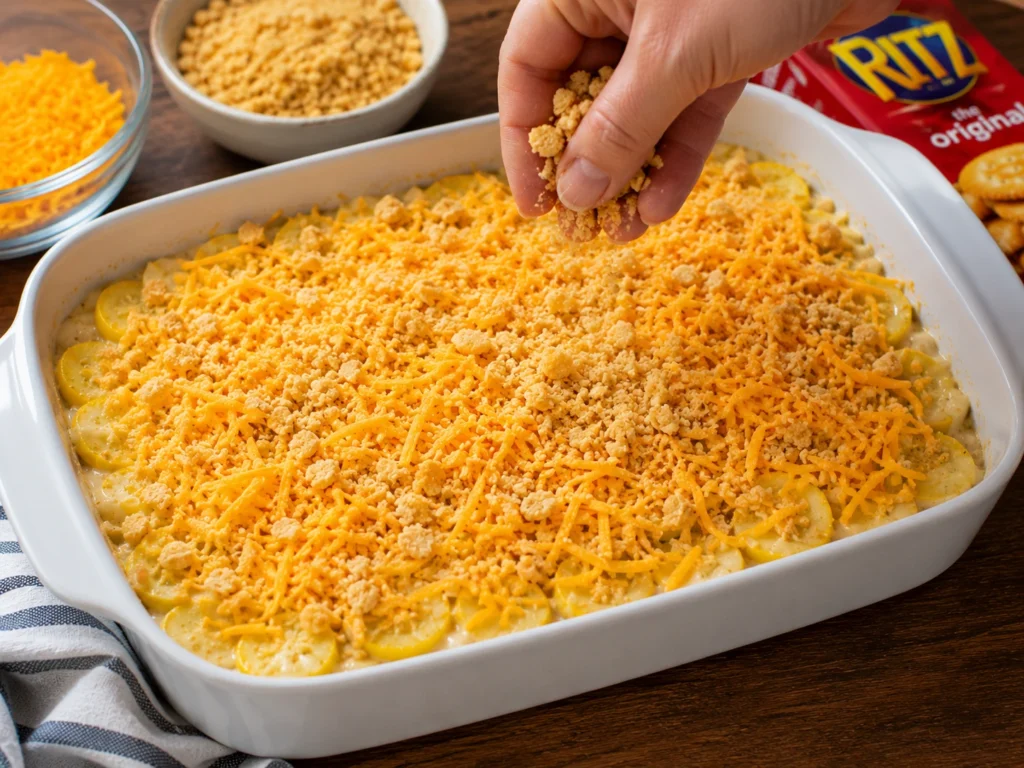 Baked yellow squash casserole with a golden crispy cracker topping and melted cheese.