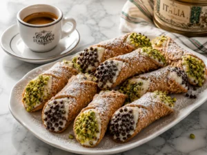 Homemade Italian cannoli with crispy golden shells, creamy ricotta filling, chocolate chips, and pistachios.