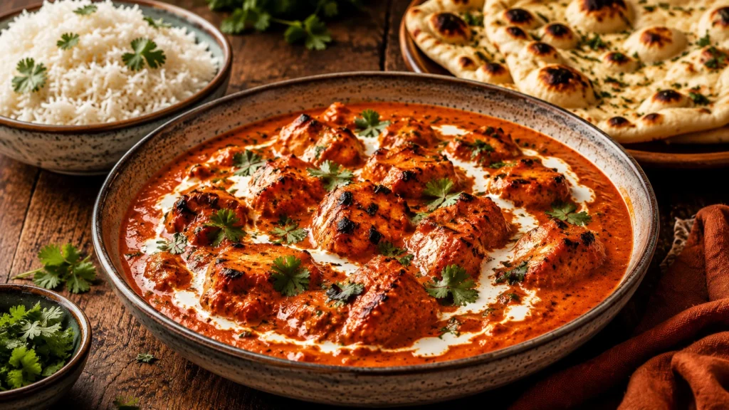 Homemade chicken tikka masala with tender chicken pieces in a creamy tomato sauce garnished with fresh cilantro.