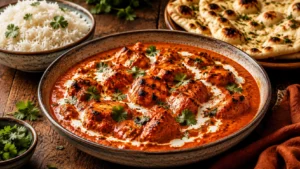 Homemade chicken tikka masala with tender chicken pieces in a creamy tomato sauce garnished with fresh cilantro.