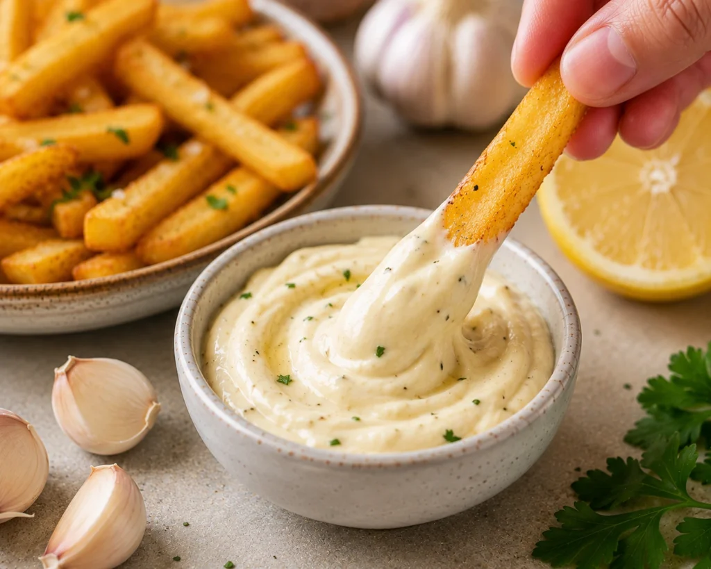 Crispy golden French fry dipped into creamy homemade garlic aioli, showing the rich, thick texture of the garlic dipping sauce.