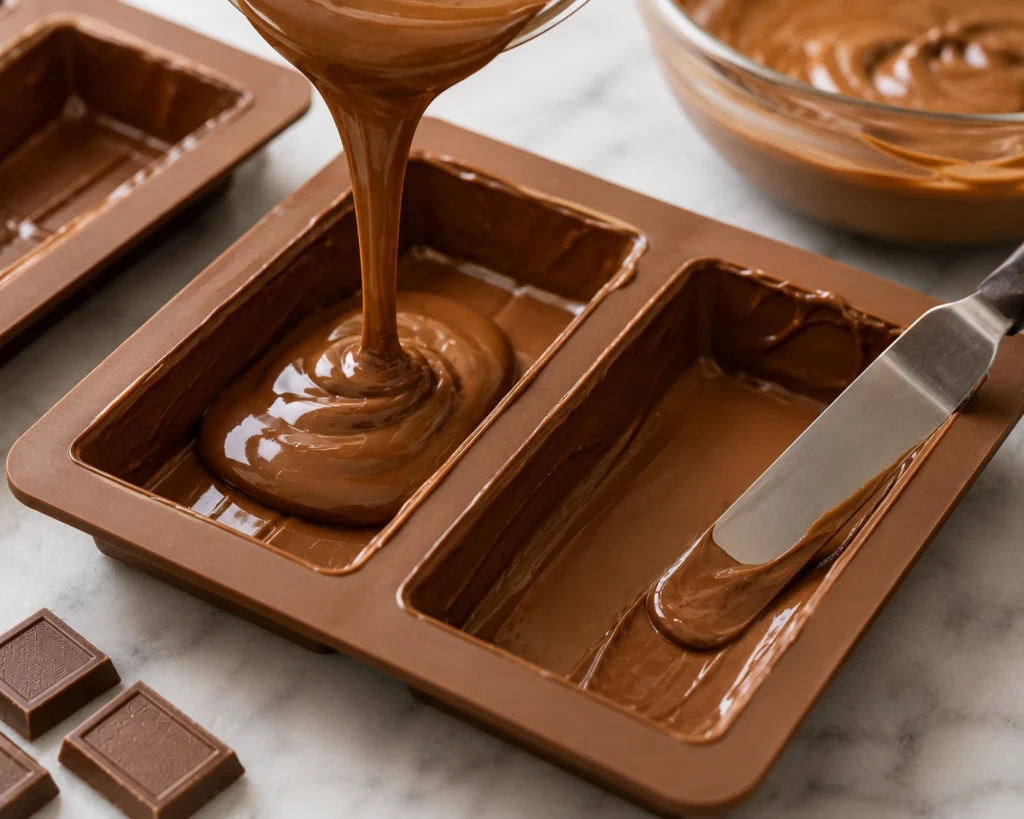 Glossy melted milk chocolate being poured into silicone chocolate bar molds while an offset spatula spreads the chocolate to create an even shell for homemade Dubai chocolate.