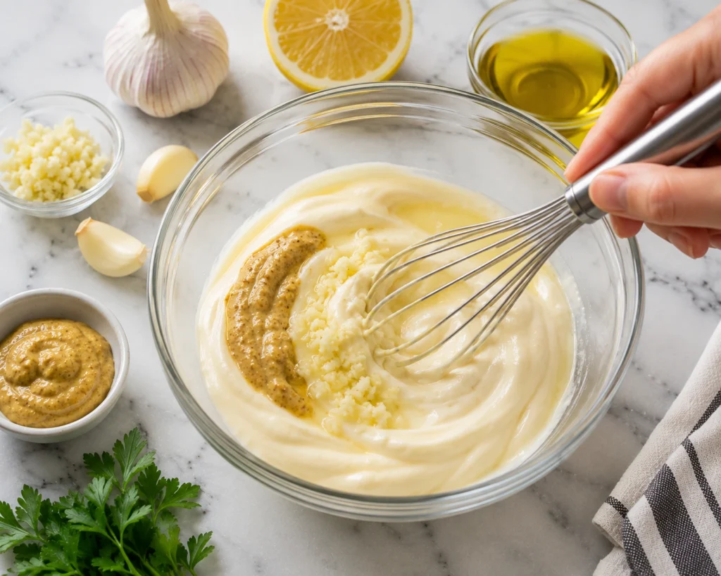 Mayonnaise, Dijon mustard, lemon juice, and minced garlic being whisked together in a glass bowl to make creamy homemade garlic aioli.