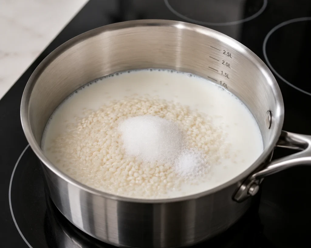 White rice simmering gently in milk to make creamy homemade rice pudding.