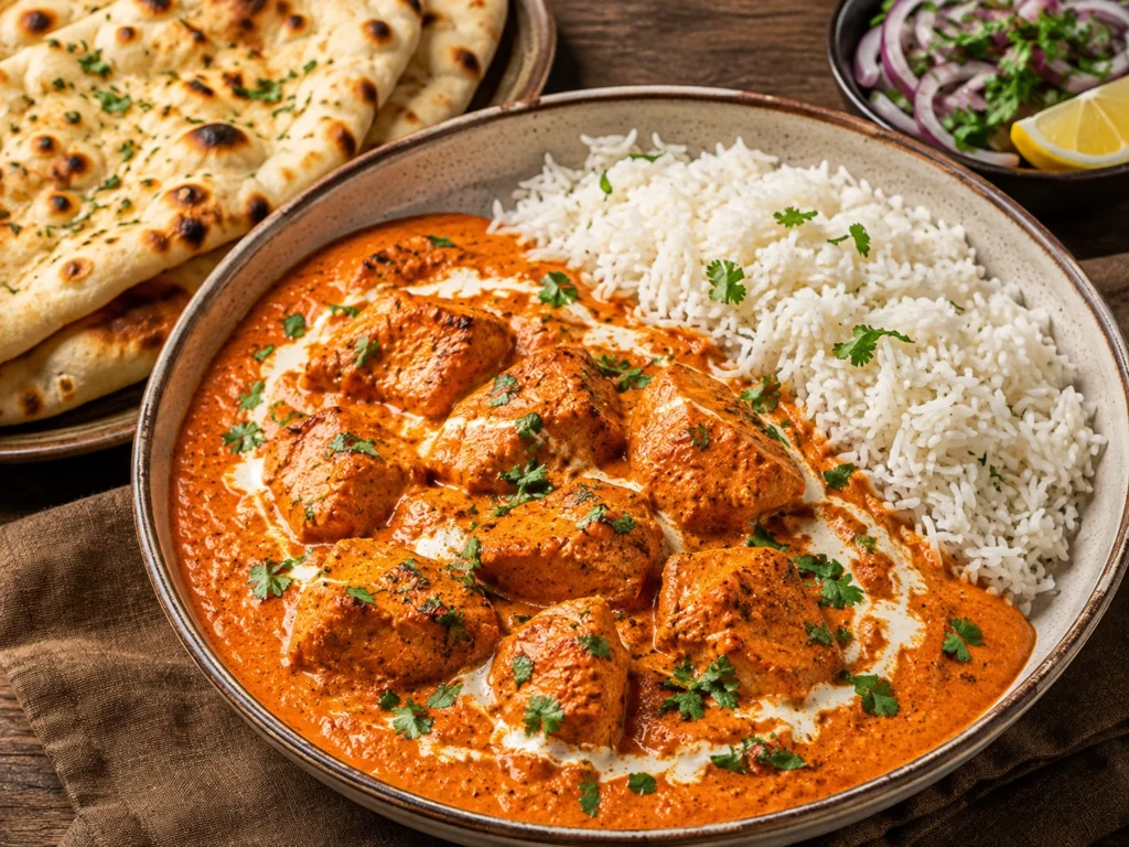 Homemade chicken tikka masala served with basmati rice, naan, and fresh cilantro.
