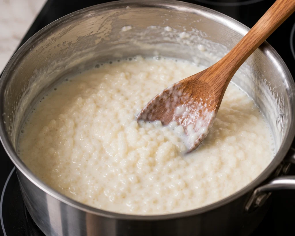 Wooden spoon stirring creamy rice pudding as the rice cooks in sweetened milk.