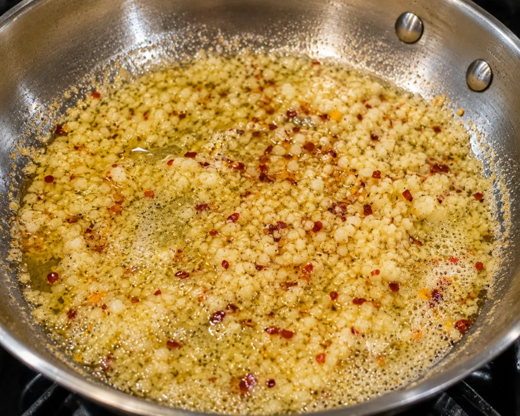 Freshly minced garlic cooking gently in melted butter and olive oil in a pan.
