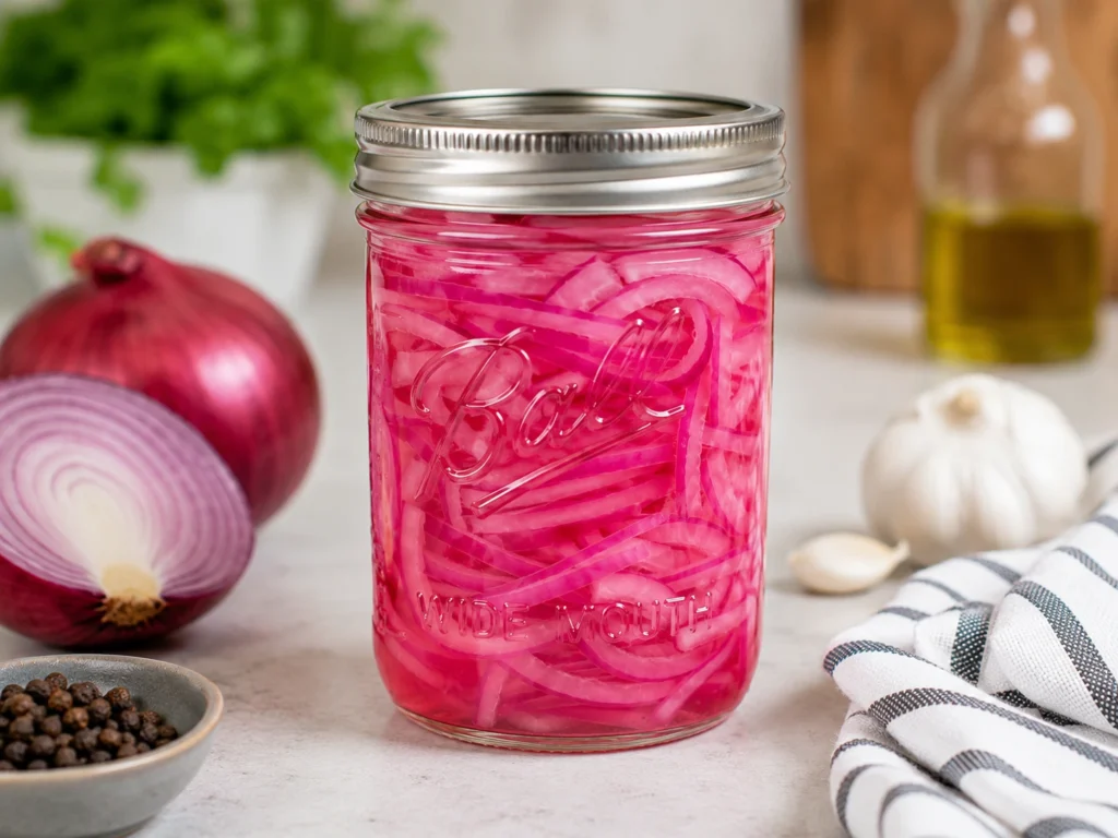Bright pink quick pickled red onions submerged in vinegar brine inside a glass jar.