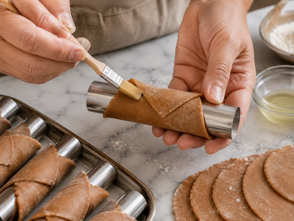 Thin pastry dough wrapped around metal cannoli tubes before frying.