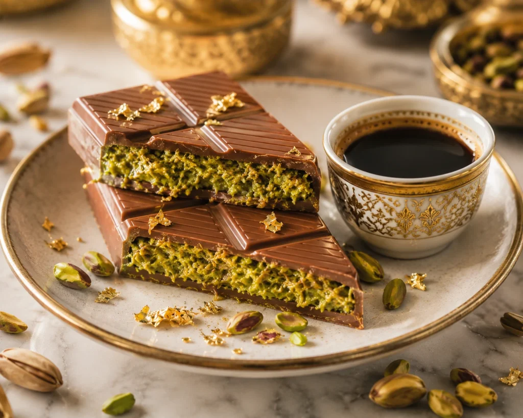 Sliced Dubai chocolate bar with creamy pistachio and crispy toasted kataifi filling served on a plate beside a cup of Arabic coffee, garnished with pistachios and edible gold leaf.