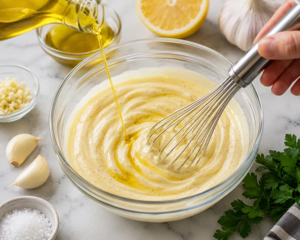 Extra virgin olive oil being slowly whisked into creamy homemade garlic aioli in a glass bowl to create a smooth, glossy sauce.