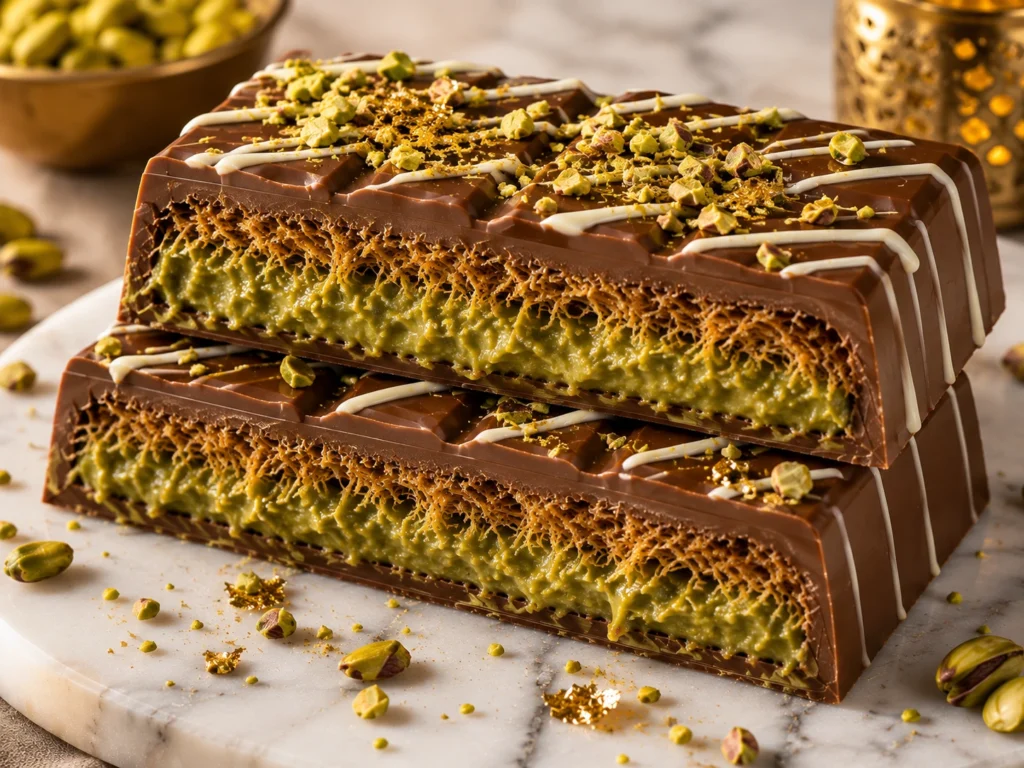 Luxury Dubai chocolate bar sliced in half, revealing creamy pistachio filling and crispy toasted kunafa inside a glossy milk chocolate shell with white chocolate drizzle, crushed pistachios, and edible gold leaf.