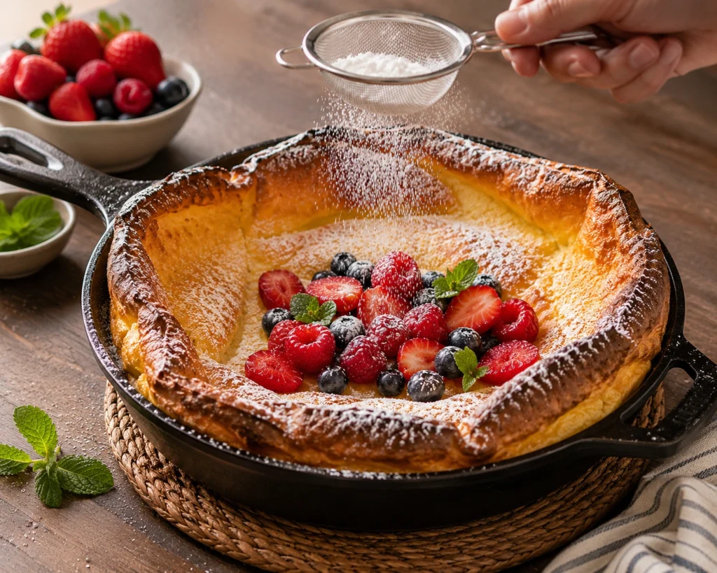 Freshly baked Dutch baby pancake dusted with powdered sugar and topped with fresh strawberries, blueberries, raspberries, and mint in a cast iron skillet.