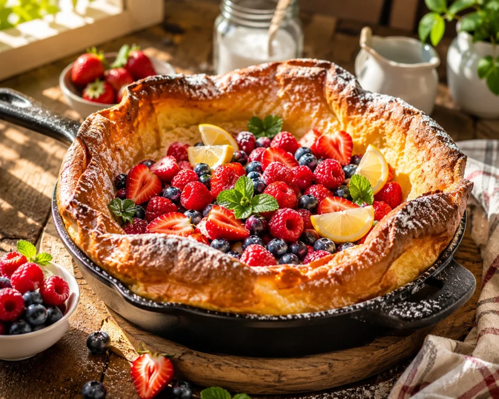 Golden Dutch baby pancake baked in a cast iron skillet, dusted with powdered sugar and topped with fresh strawberries, blueberries, raspberries, lemon wedges, and mint leaves.