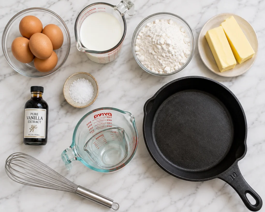 Flat-lay of Dutch baby pancake ingredients including eggs, whole milk, all-purpose flour, butter, vanilla extract, sea salt, a cast iron skillet, whisk, and measuring cups on a marble countertop.