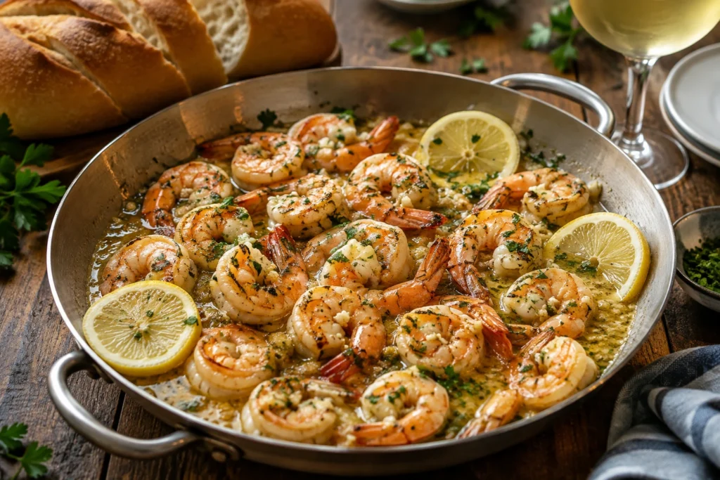 Homemade shrimp scampi cooked in a garlic lemon butter sauce with fresh parsley in a skillet.