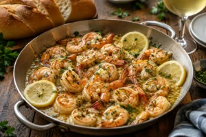 Homemade shrimp scampi cooked in a garlic lemon butter sauce with fresh parsley in a skillet.