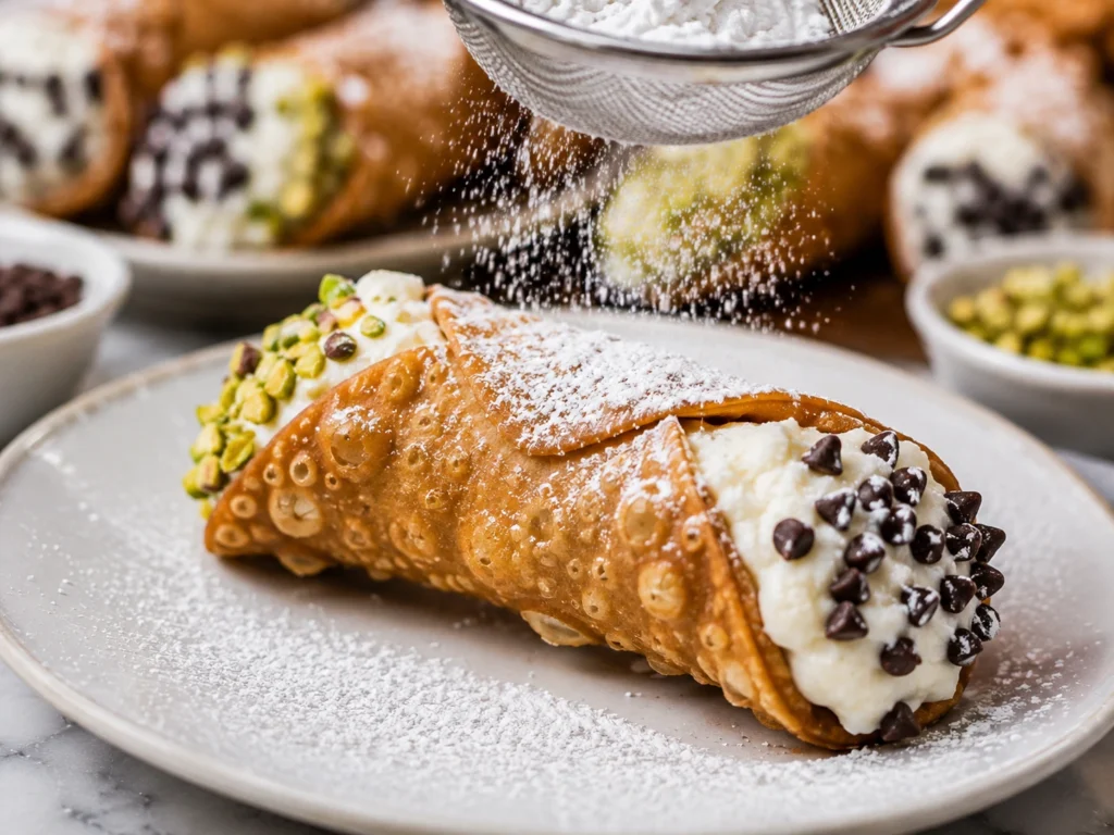 Crispy homemade cannoli filled with sweet ricotta cream and garnished with pistachios, chocolate, and powdered sugar.