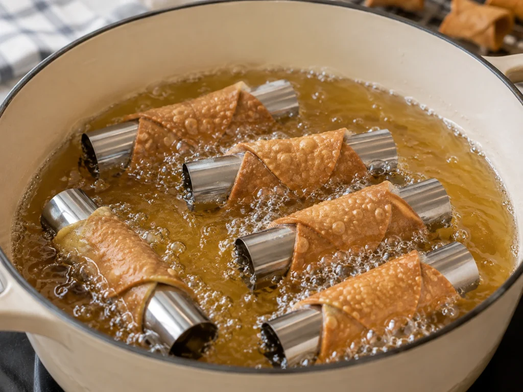 Cannoli pastry shells frying in hot oil until golden brown and crisp.