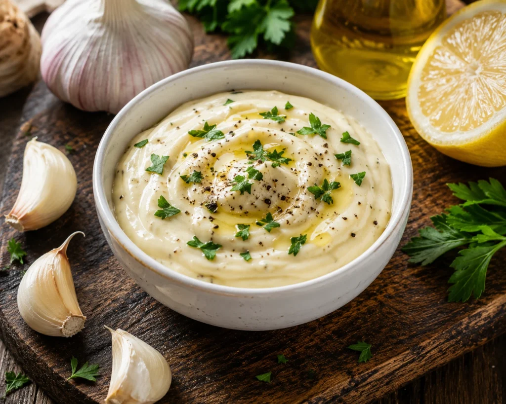 Creamy homemade garlic aioli in a white ceramic bowl garnished with fresh parsley, cracked black pepper, and olive oil, served with garlic cloves and a lemon half on a rustic wooden board.