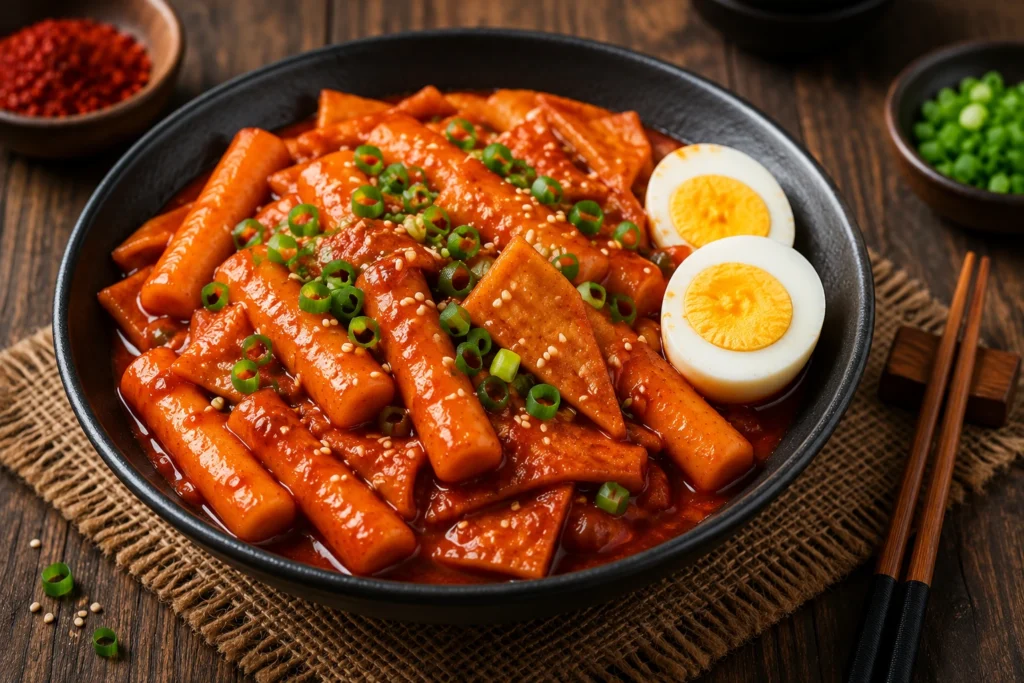 A bowl of hot homemade tteokbokki garnished with toasted sesame seeds, boiled eggs, and green onions.