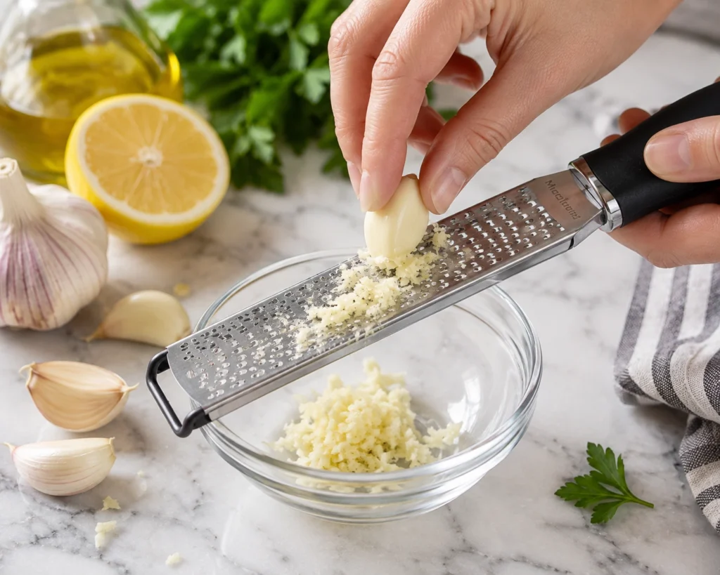 Fresh garlic clove being finely grated with a stainless steel microplane into a small glass bowl for homemade garlic aioli.
