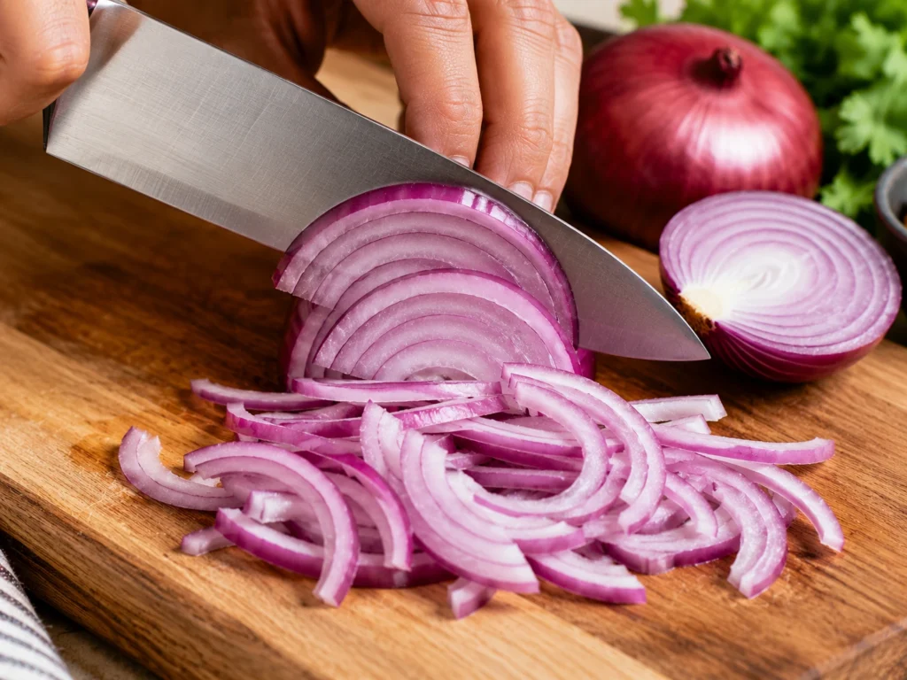 Fresh red onion being thinly sliced for a quick pickled red onion recipe.