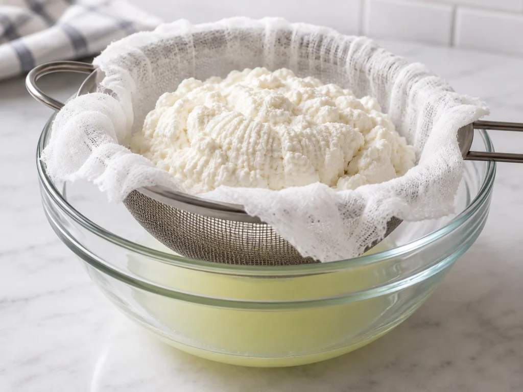 Whole-milk ricotta cheese draining in a cheesecloth-lined sieve to make thick cannoli filling.