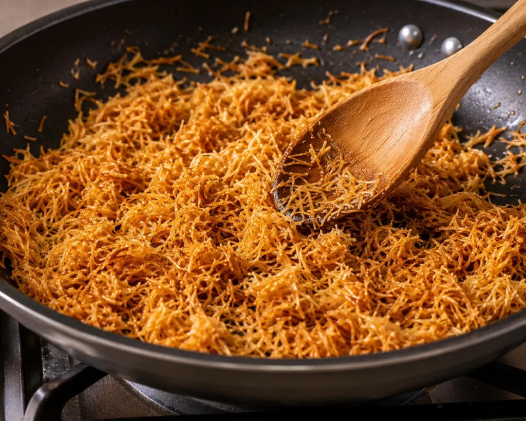 Finely chopped kataifi pastry toasting in melted butter inside a non-stick skillet, stirred with a wooden spoon until crispy and golden brown.