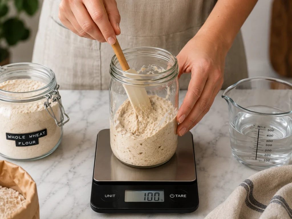 Person stirring whole wheat flour and filtered water with a silicone spatula inside a clear glass jar on a digital kitchen scale to make a homemade sourdough starter.