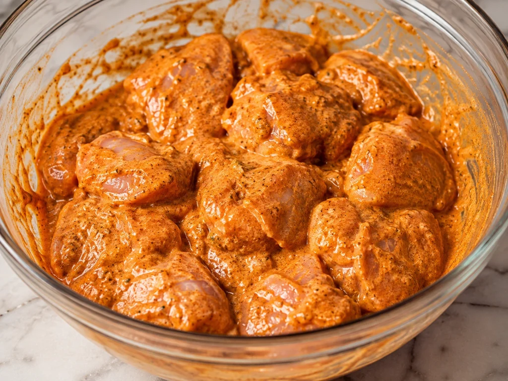 Chicken pieces coated in a spiced yogurt marinade for homemade chicken tikka masala.
