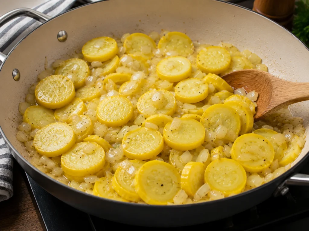 Sliced yellow squash and onions cooking in a skillet before being added to squash casserole.