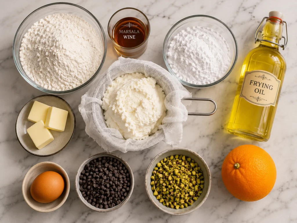 Ingredients for homemade cannoli including flour, ricotta, powdered sugar, Marsala wine, chocolate chips, and pistachios.