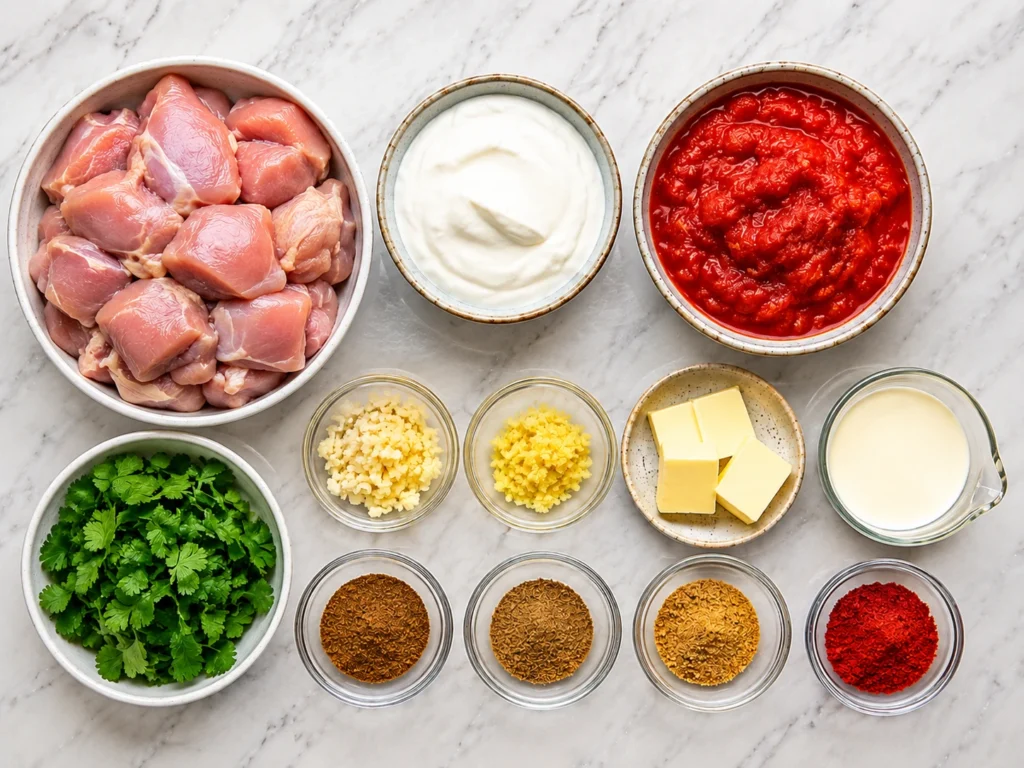 Ingredients for homemade chicken tikka masala including chicken, yogurt, tomatoes, garlic, ginger, spices, cream, and cilantro.