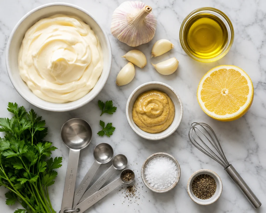 Flat-lay of garlic aioli ingredients including mayonnaise, fresh garlic, lemon, Dijon mustard, olive oil, parsley, sea salt, black pepper, measuring spoons, and a wire whisk on a marble countertop.