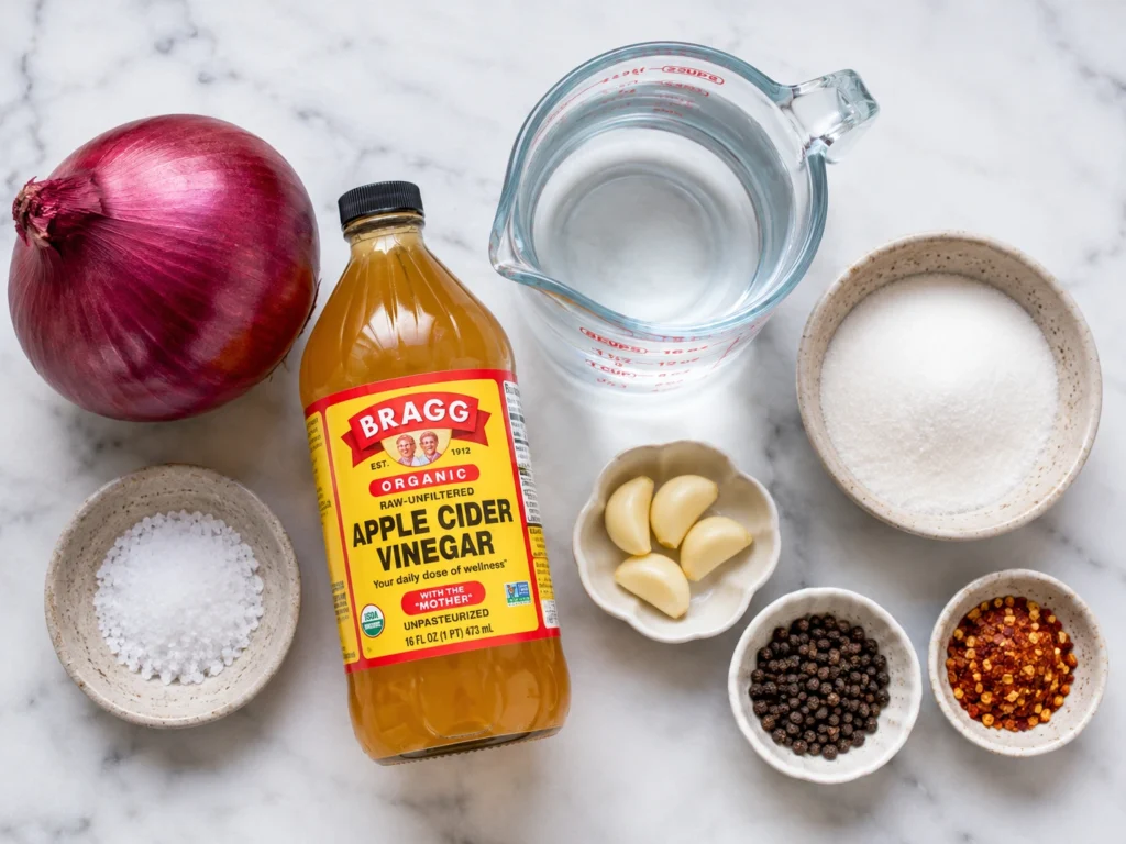 Ingredients for homemade pickled red onions including red onion, vinegar, water, sugar, salt, garlic, and spices.