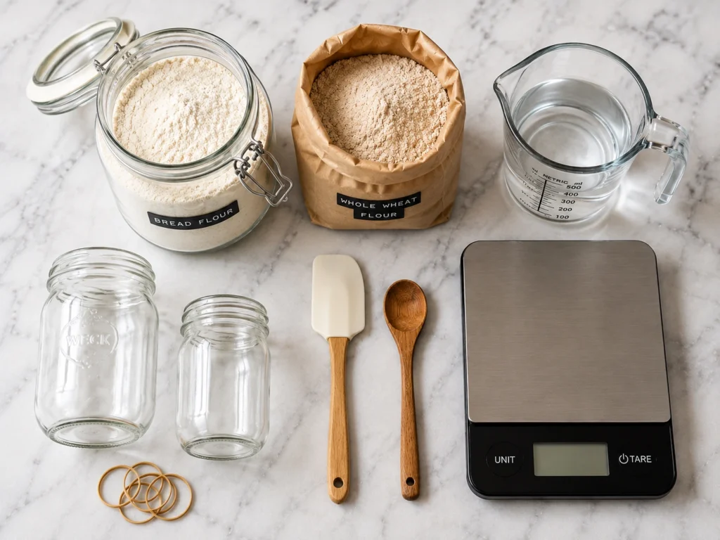 Flat-lay of sourdough starter ingredients and baking tools including bread flour, whole wheat flour, filtered water, glass jars, digital kitchen scale, silicone spatula, wooden spoon, and rubber bands on a marble countertop.