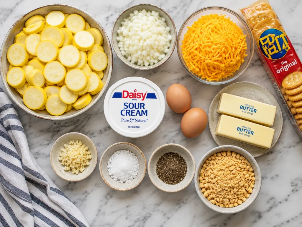 Ingredients for homemade yellow squash casserole with squash, cheddar cheese, sour cream, eggs, butter, and crackers.