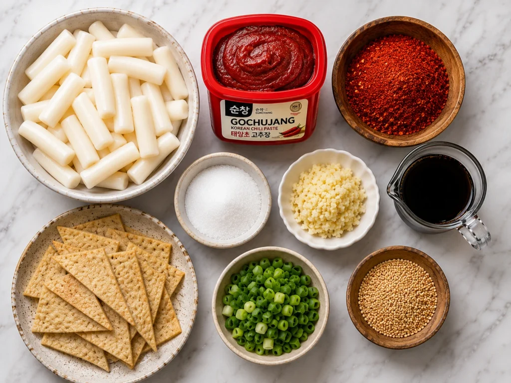 Ingredients for making easy tteokbokki including Korean rice cakes, gochujang paste, gochugaru chili flakes, fish cakes, and green onions.