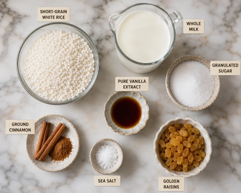 Ingredients for homemade rice pudding including white rice, milk, sugar, vanilla, cinnamon, and raisins.