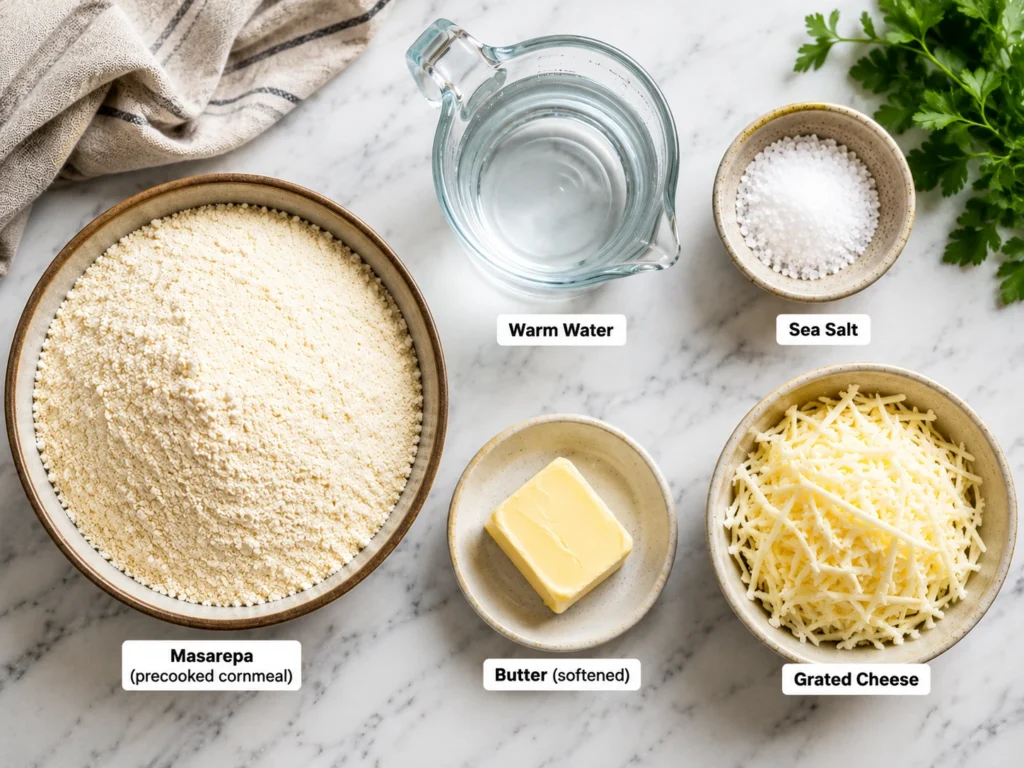 Ingredients for homemade arepas including precooked cornmeal, water, salt, cheese, avocado, and chicken.